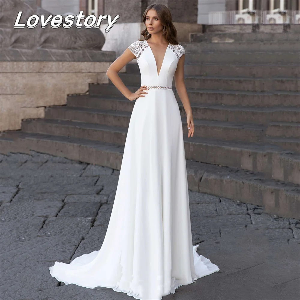 

Classic Simple A-Line Wedding Dresses Short Sleeves Bride Robes V-Neck Bridal Gowns Lace Backless Cut-Out Vestidos De Noiva