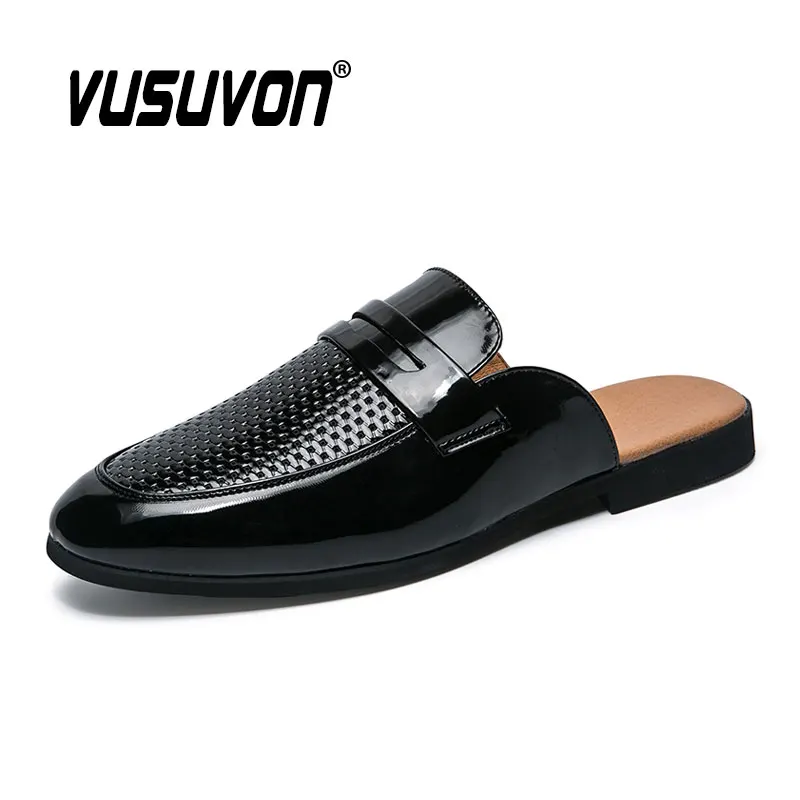 Men Patent Leather Half Slipper Summer Beach Fashion Breathable Penny Loafers Casual Black Slides Outdoor Water Shoes