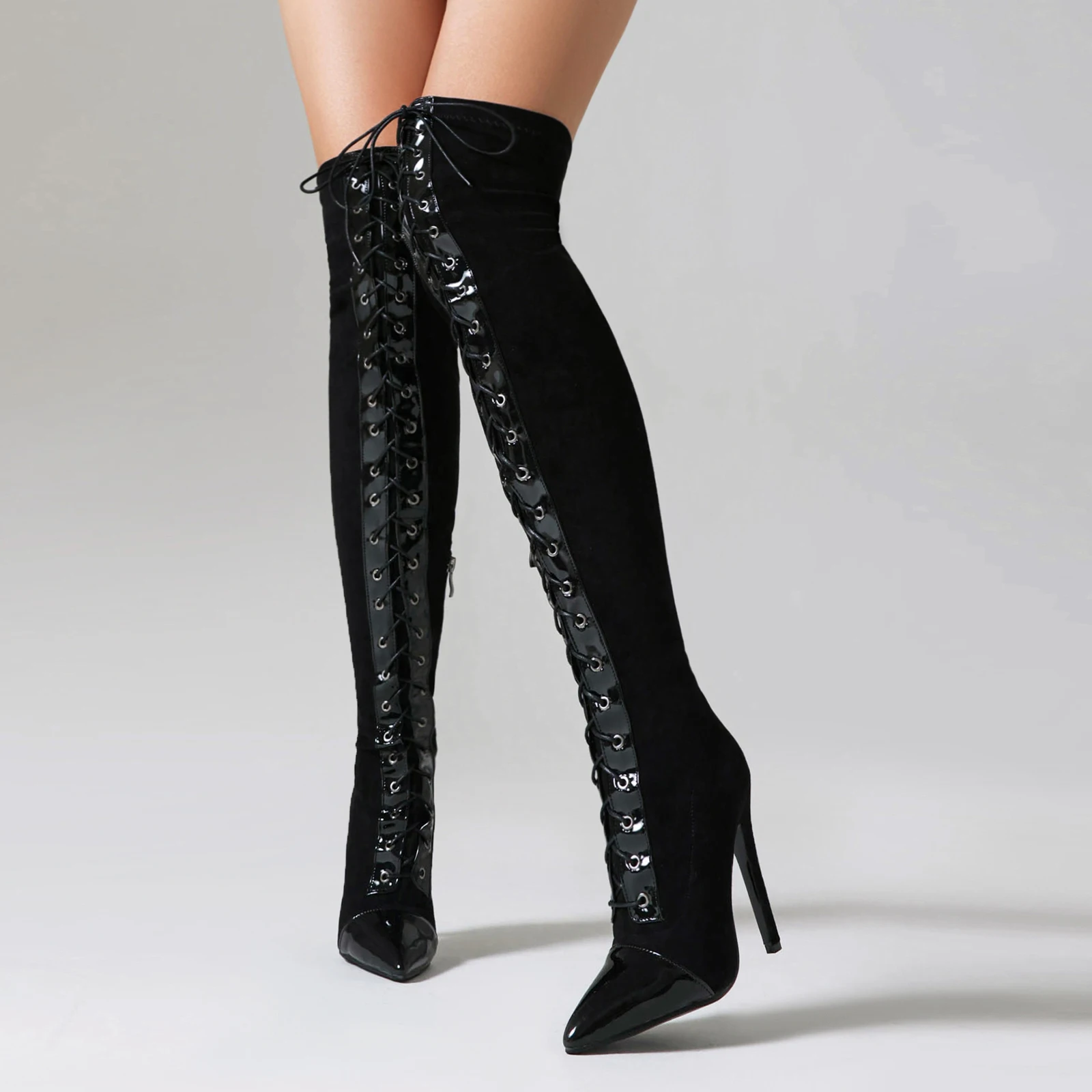 Plus Size Patent Leather Patchwork Flock Cross Tie Over The Knee Boots Pointed Tips Ultra-High Slim Heels Plush Lining Sexy Boot