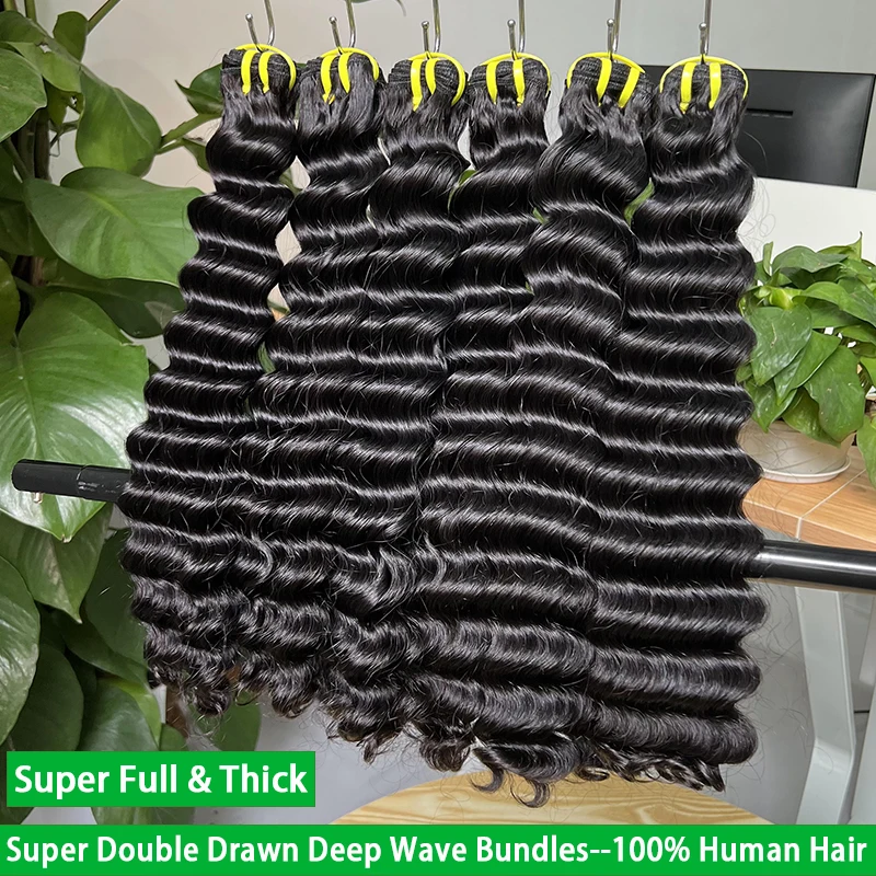 

30-дюймовые супер двойные нарисованные пучки человеческих волос с глубокими волнами, необработанные девственные необработанные плетения вьющихся волос, наращивание волос, предложения # 1B