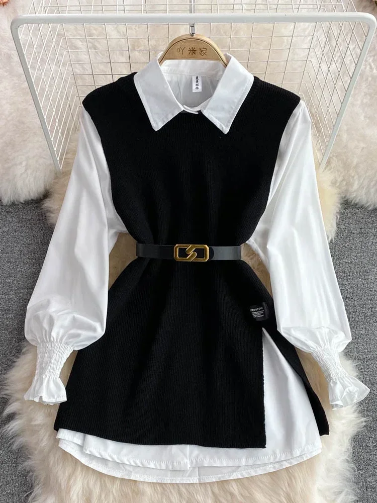 New Autumn Fashion Korean Office Lady Lapel Lantern Sleeves White Shirt +V-neck Knitted Vest Casual Two-piece Set Clothes Women