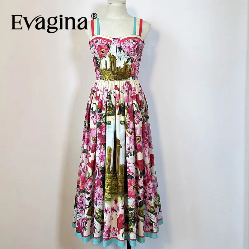 

Evagina Fashion Design Women's High Weaving Cotton Blossoms Printed Peach Heart Collar Waist Sleeveless Sling Swing Dress