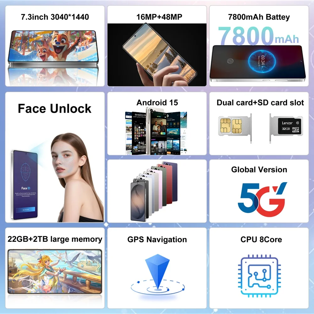 K-Touch Smartphone For C26 Ultra 5G Cell Phone 7800mAh Battery Mobile Phones Full Display 48MP Camera 7.3 Inch HD Android 22GB RAM 2TB ROM Octa Core Face ID Dual SIM 4G Unlocked Android 15 Cell Phone with FM Radio GPS