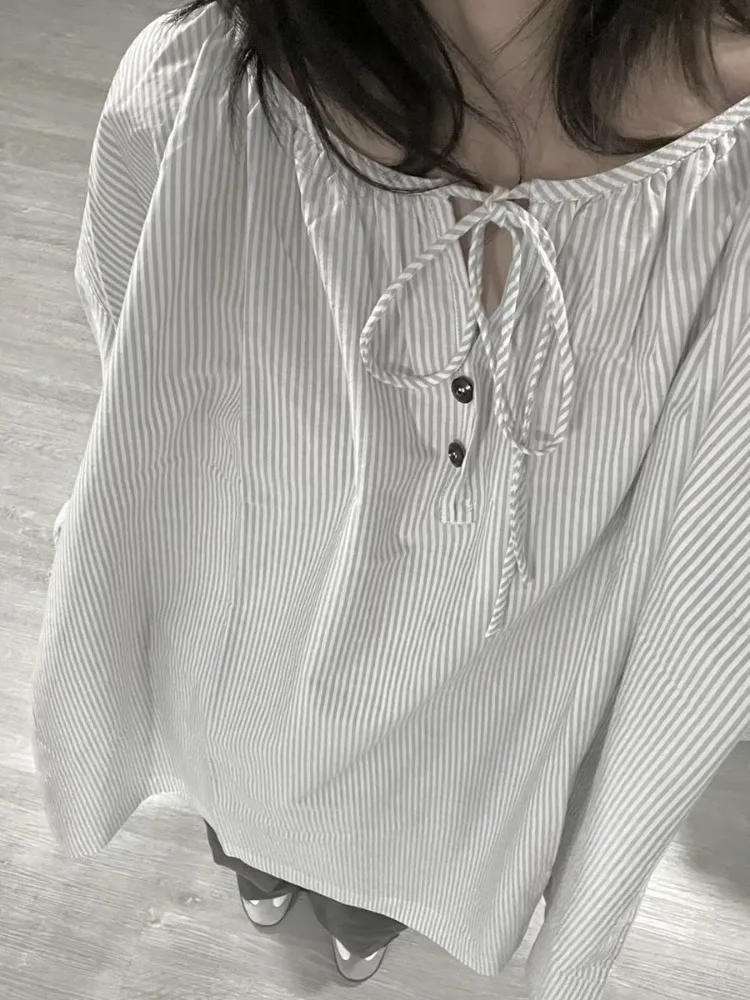 Autumn Sweet Vertical Stripe Women Blouse Long Sleeve All Match Y2k Aesthetic Blusas Kawaii Fashion Bow Japanese Loose Lady Top