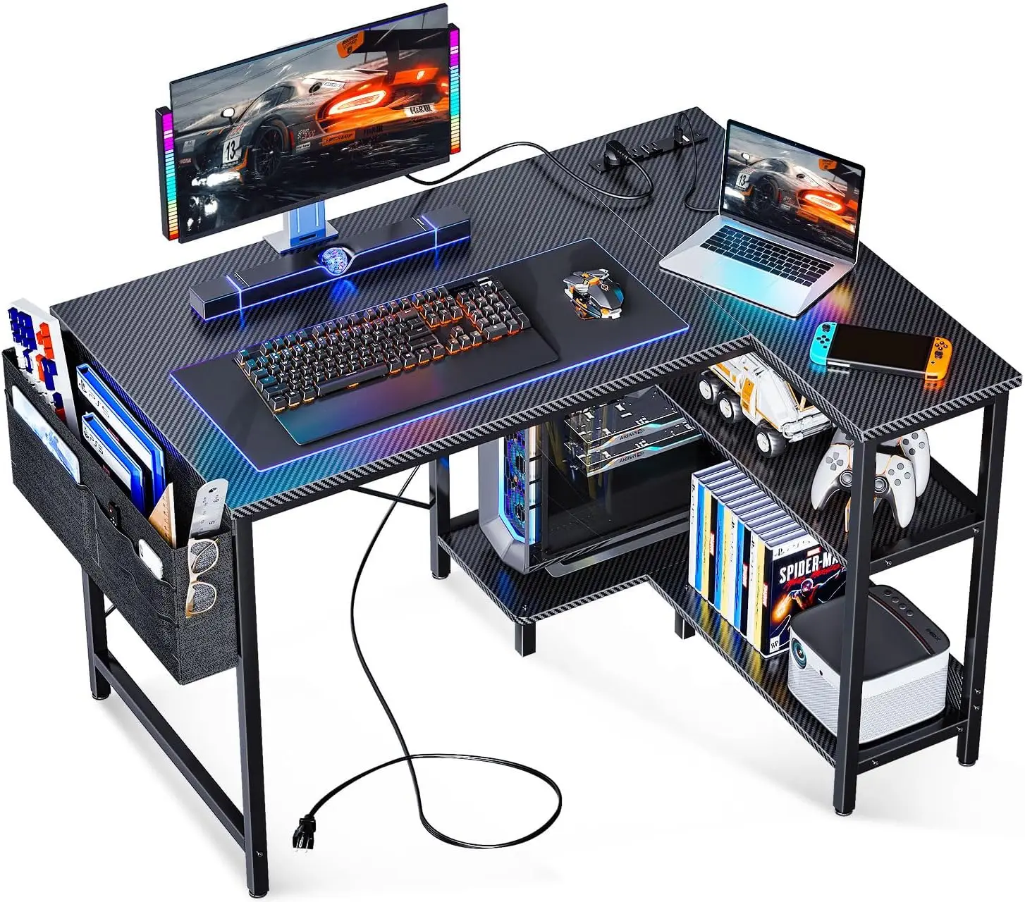 

40 Inch Small L Shaped Gaming Computer Desk with Power Outlets,Corner Desk Reversible Storage Shelves PC Stand for Small Space