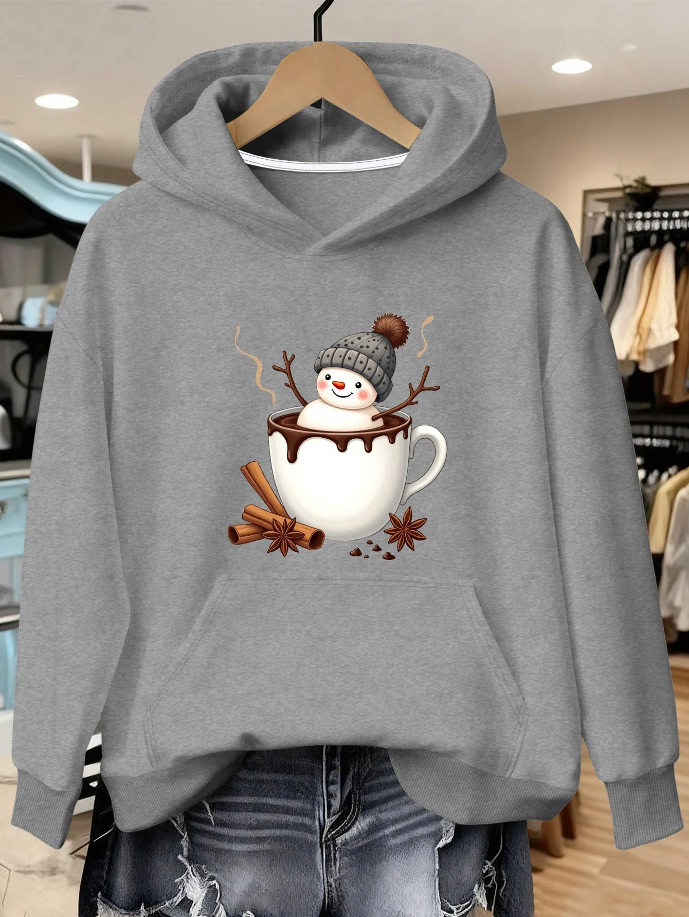 

Женская зимняя толстовка со снеговиком больших размеров в кружке из горячего шоколада с капюшоном — уютный красный пуловер со снеговиком и чашкой из горячего шоколада