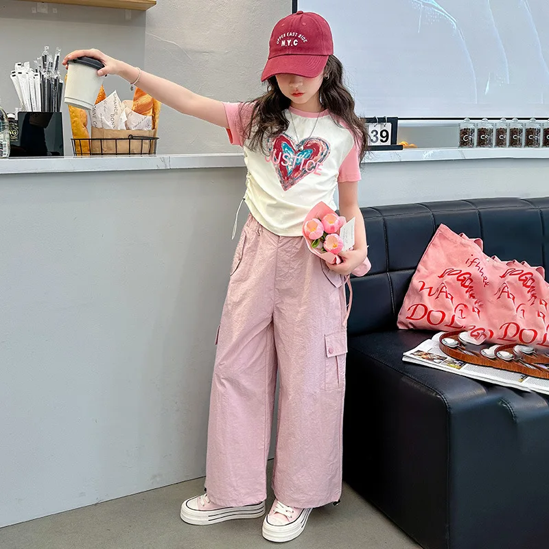 

Girls' Set Summer 2024 New Children's Thin Western Style Sports Leisure Love T-Shirt And Workwear Pants