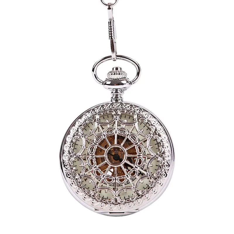 シルバー大厚いチェーンレトロ機械式懐中時計卸売フル中空クモの巣パターン自動機械式懐中時計