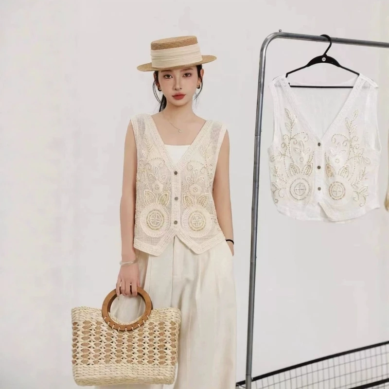 Crochet Vest Tops for Women Sleeveless Knit Sweater Vests Summer Casual Button Front Top 6XDA