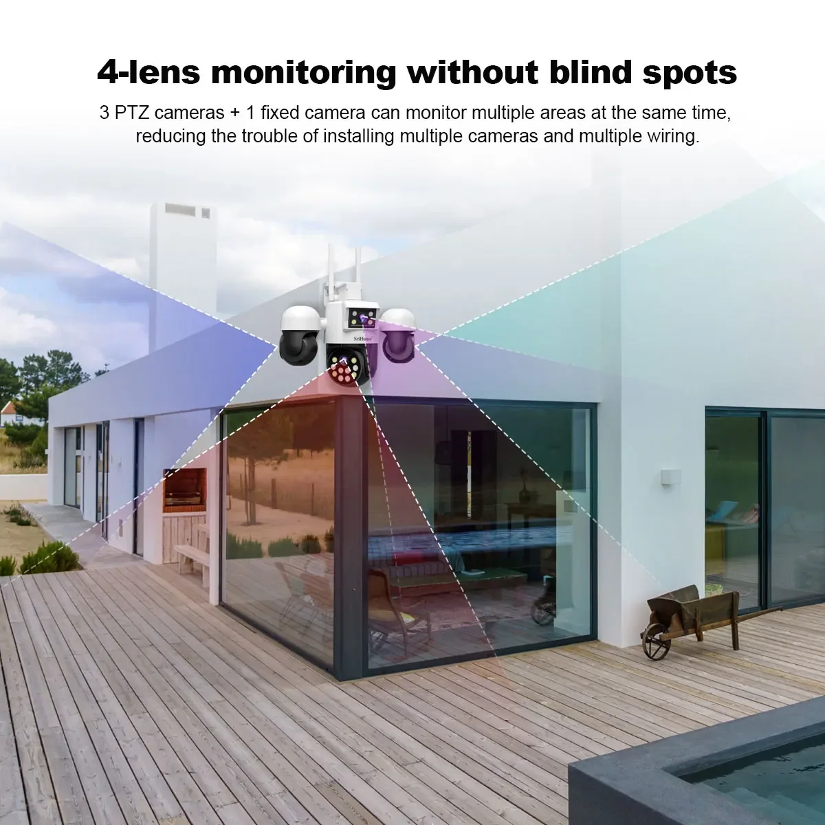 Srihome SH069 Cámara de vigilancia WiFi de 8MP 4 lentes Zoom 3X CCTV Smart Home360 °   Cámara de seguridad impermeable con seguimiento panorámico HD AI