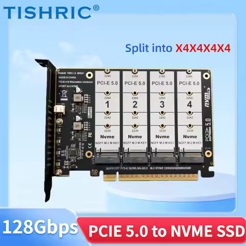 TISHRIC 128Gbps M.2 NVME SSD To PCIE 5.0 16X Expansion Card 4 Port M2 SSD M Key NVME PCIE GEN5 Adapter For 2230 2242 2260 2280