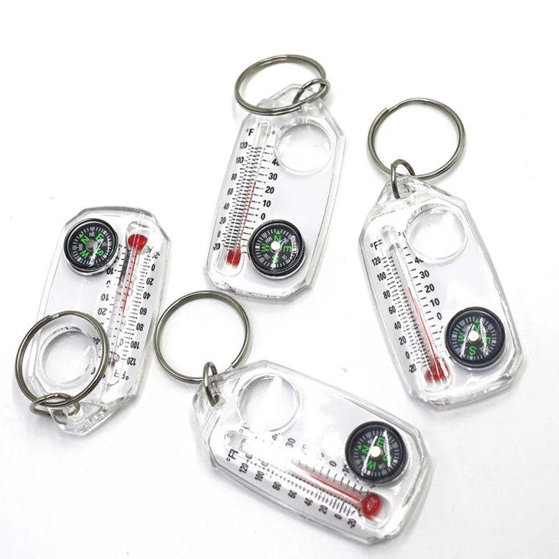 Portable Outdoor Thermometer Compass with Magnifier, Battery-Free Foldable Gear with Carabiner, Dual ℃ ℉ Acrylic Survival Tool f