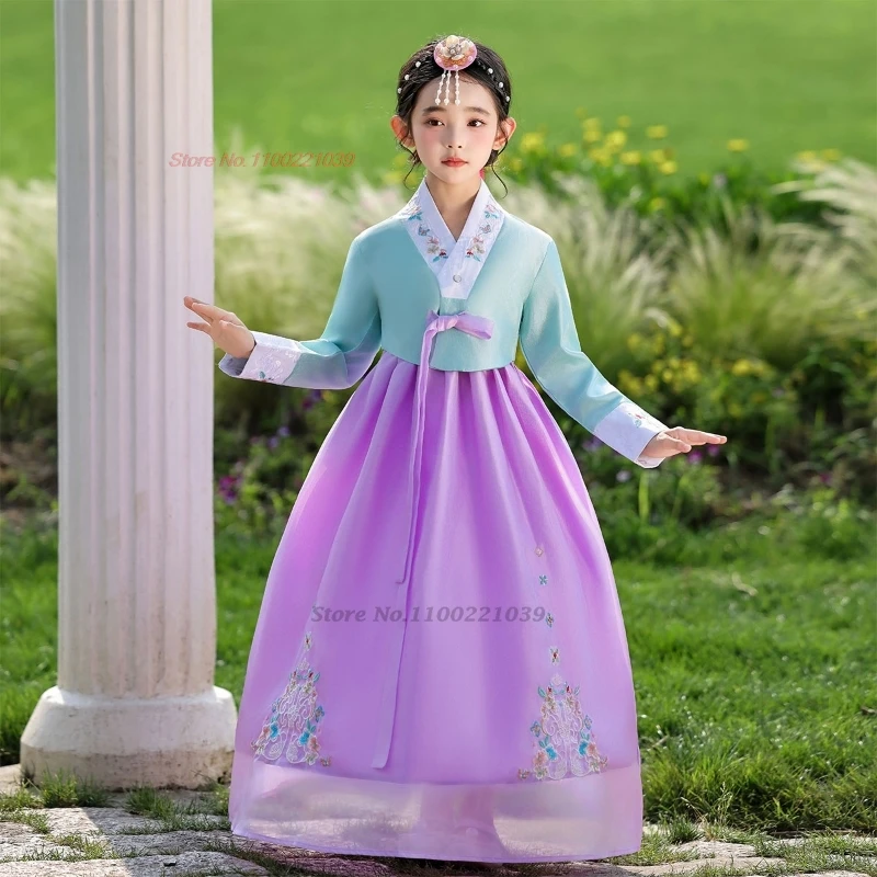 2025 ملابس رقص كورية تقليدية خمر فستان رقص شعبي زهرة التطريز بلايز + تنورة مجموعة الأطفال مرحلة الأداء الرقص