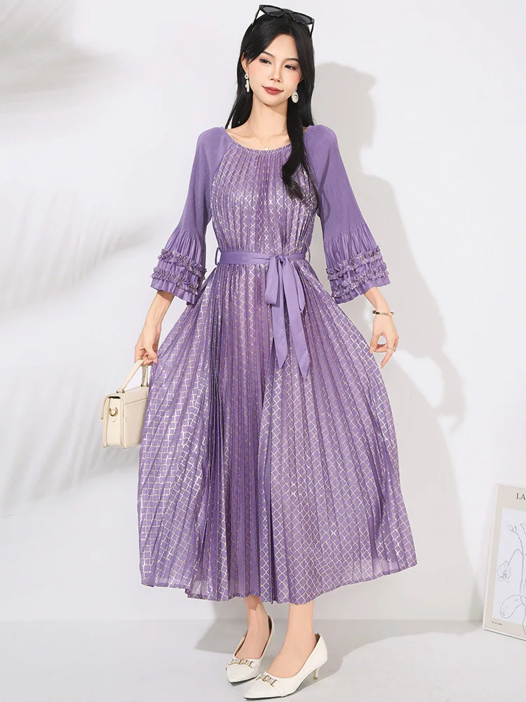 Miyake Style Pleated Gold Stamping Dress with Long Sleeves Round Neck and Three-quarter Sleeves Loose Big Sway Dress for Women