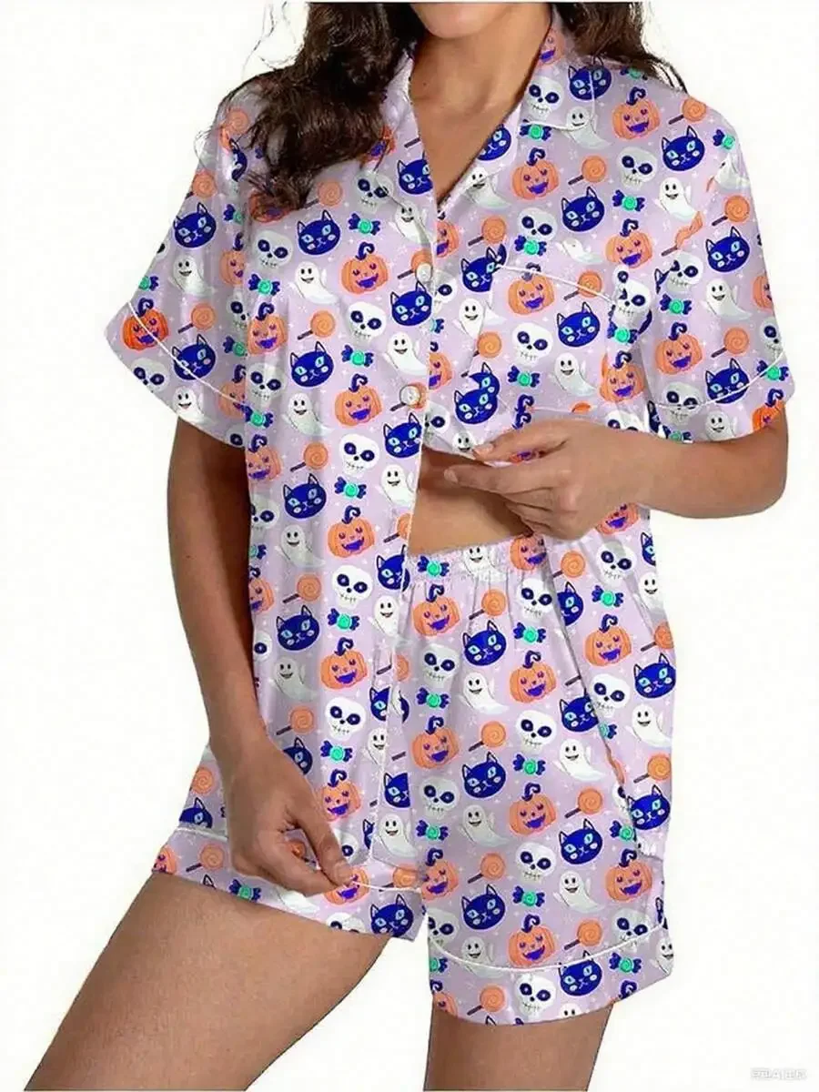 

Halloween Print Pajama Set Women Short Sleeve Sleepwear Cozy Summer Night
