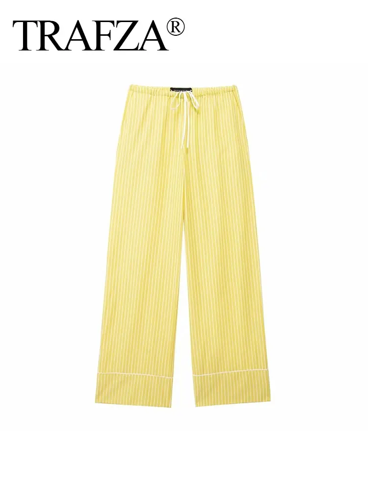 TRAFZA 2024 Stylish Summer Women\'s Yellow Striped Straight Long Pants Versatile High Waist Drawstring Cozy Loose Casual Trousers