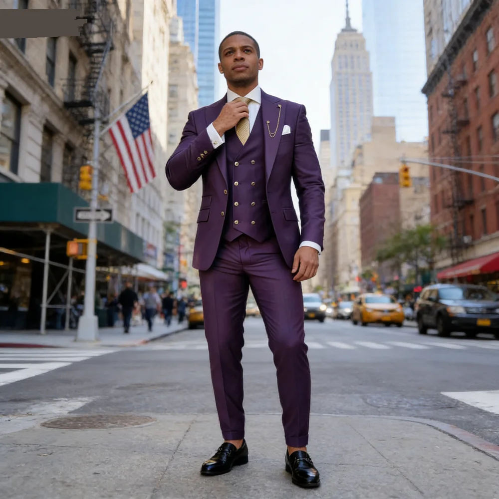 

Lindo Purple Men's Tuxedo Unique Single Breasted Lapel Repeated Fine Fitted Plan Length Regular 3-Piece Jacket Pants Vest Set