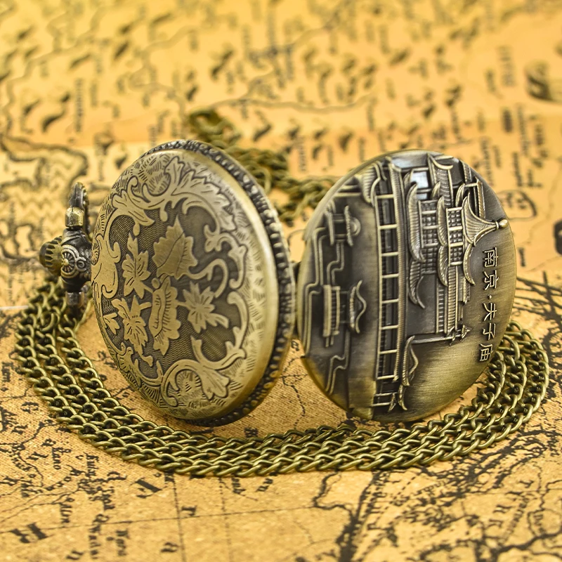 Винтажные бронзовые Кварцевые карманные часы, мужские и женские студенческие часы, коллекционные подарки от знаменитого храма сценического пятна фузи в Нанкине, Китай