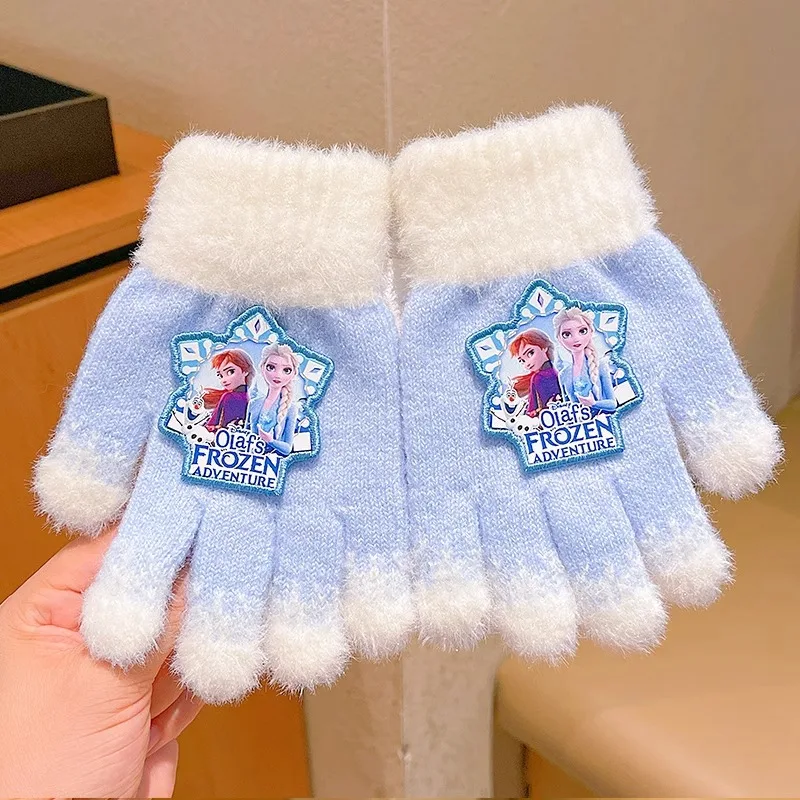 Disney Elsa children's gloves Autumn and winter warm cartoon knitted half-finger gloves students cute flip gloves