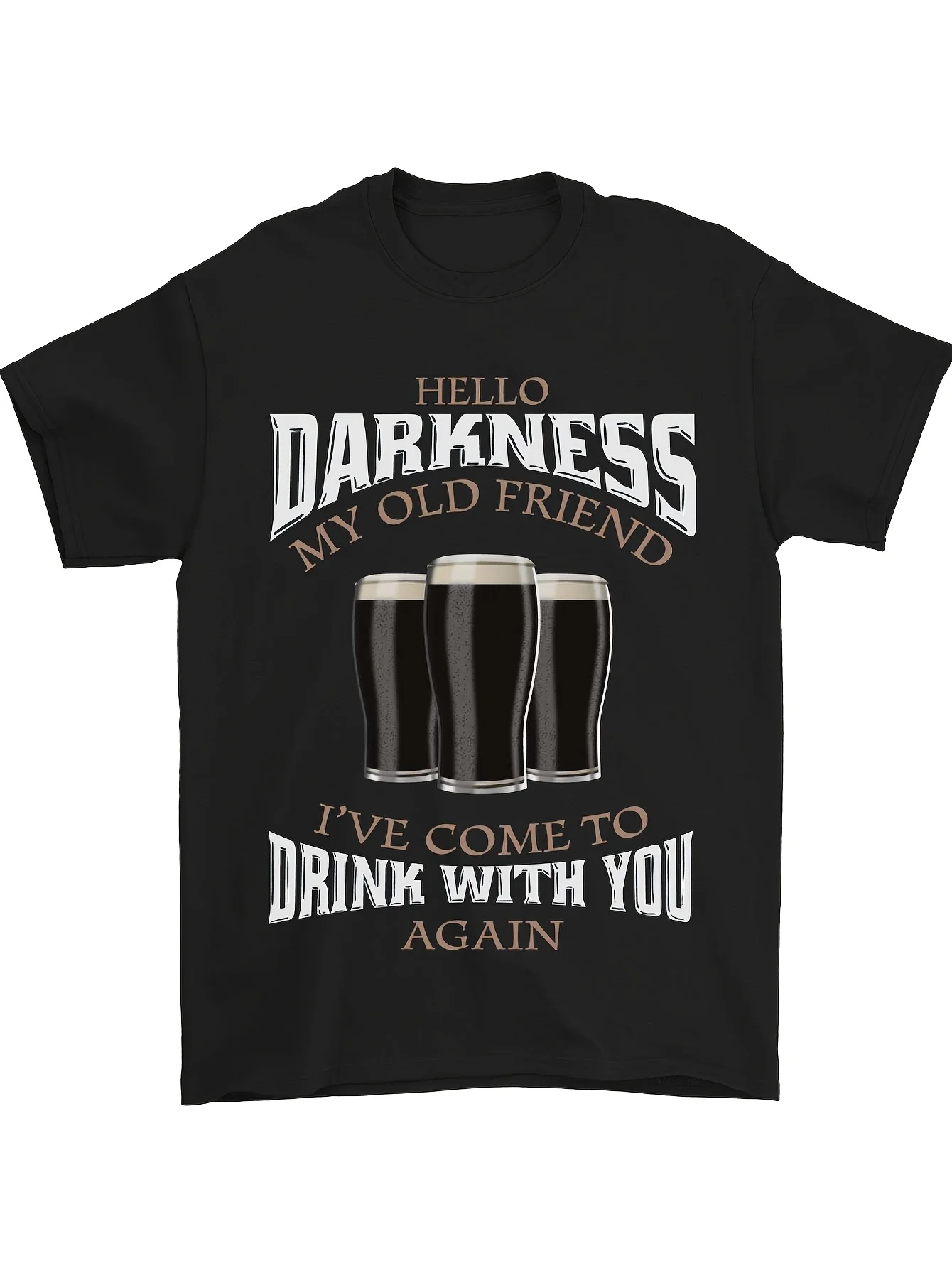 2026 Hello Darkness My Old Friend Funny Guiness Camiseta de pareja para hombre, cuello redondo informal, tela ligeramente elástica, estampado de letras, R