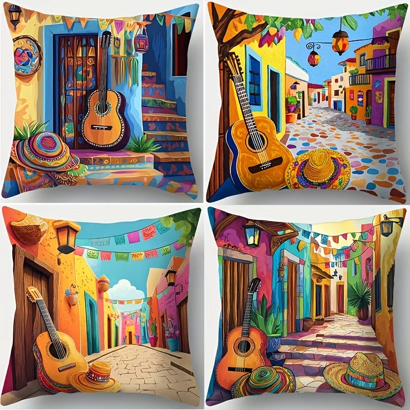 1PC 2D Flat Mexican Folk Art Guitar Street Scene Throw Pillow Covers Colorful Bohemian Home Decor Cushion Cases