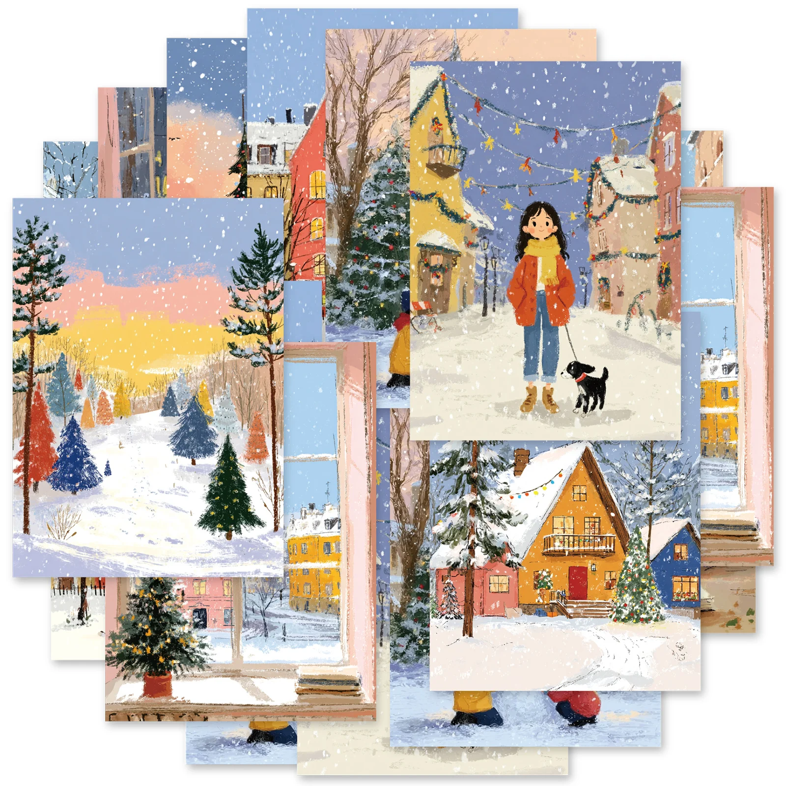 Etori Life 20Pcs Healing Winter Warm House Snow Scene Material Paper with Snowing Street Scene and Cozy Character Illustrations DIY Journal Collage Background Paper Suitable for Laptops, Handbags, Photo Albums, Postcards and Envelopes, Sticker Books, Helmets and Bicycles, Scrapbooking Supplies, Office Decorations, Room Decorations, Gift Box Packaging, Party Decorations, Christmas Stickers, Cycling Decals