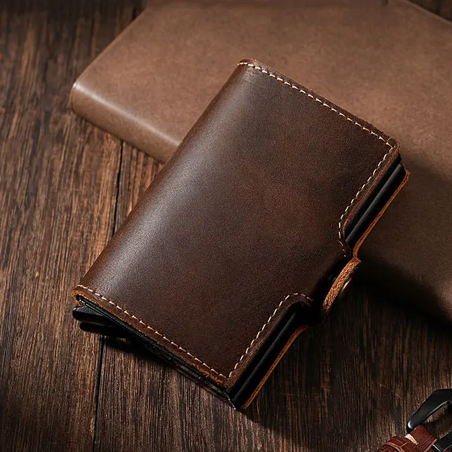 Leather Aluminum Rfid Wallet Card Holder Automatic Pop Up Card Clip Genuine Leather Men's Bank Card Holder Vintage Style