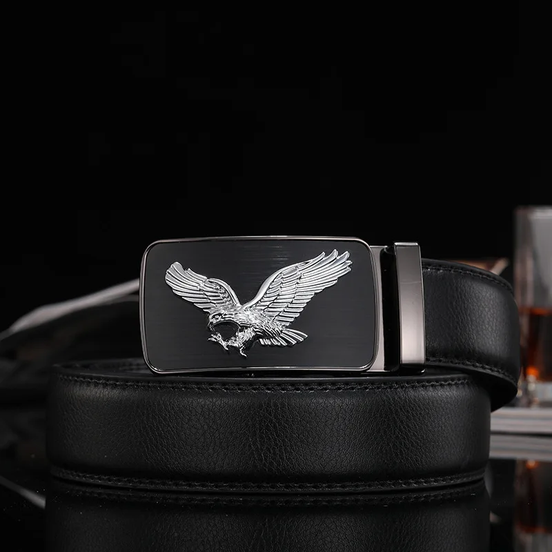 Genuine Leather Men Belt Luxury Automatic Buckle Fashion Waist Cinturones Hombre Cowhide Gold Ratchet Eagle Man Coffee Black