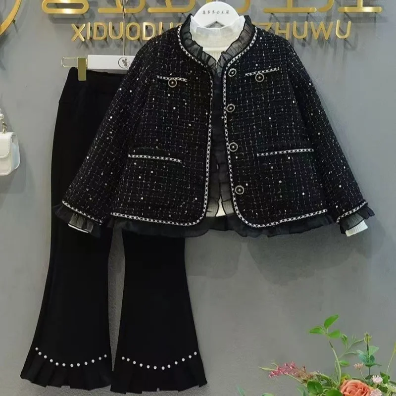 

2025Girls' Spring and Autumn New Stylish Jacket and Flared Pants Two-Piece Set