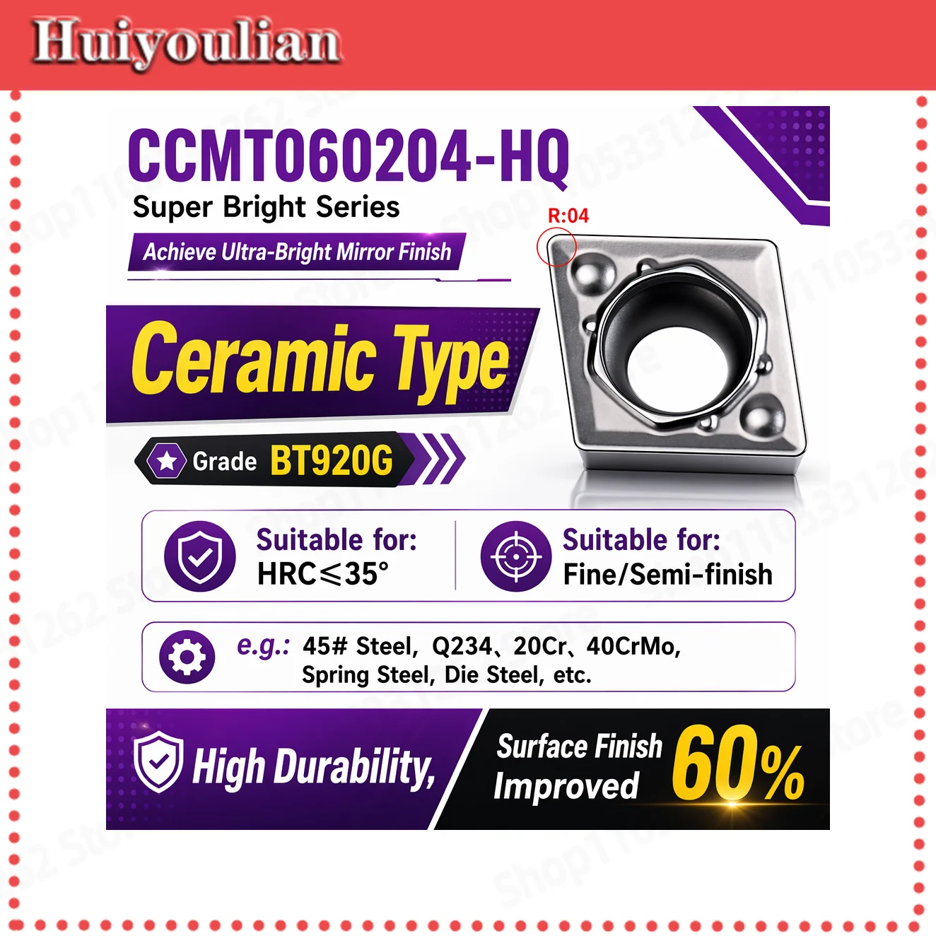 CCMT060204 CNC Lathe Boring Insert Ceramic Grade Ultra-Bright Series Max HRC35 Finishing Semi-finishing