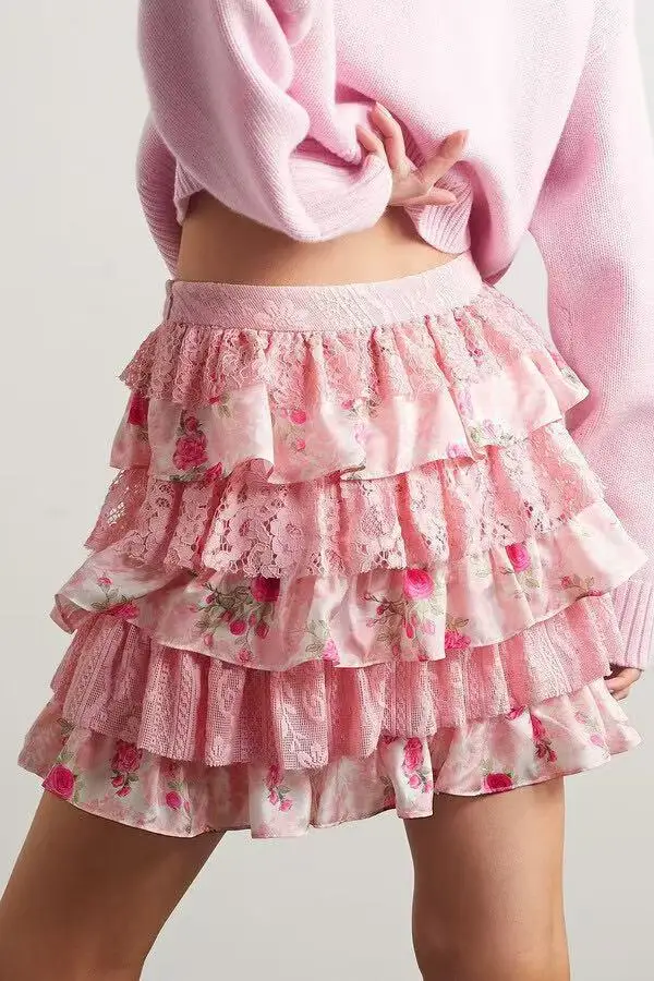 Spring and summer new printed heavy industry lace shirt A-shaped big pendulum vacation cake skirt