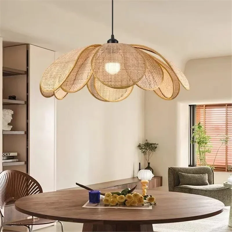 Dining room chandelier Japanese braided bed and breakfast bedroom living room light rattan petals creative personality log
