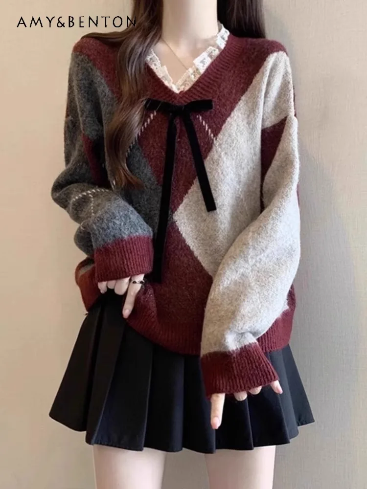 

2025 Spring and Autumn New Women's V-neck Burgundy Lace Bow Sweater Gray Knitted Vintage Loose Casual Daily Comfortable Top