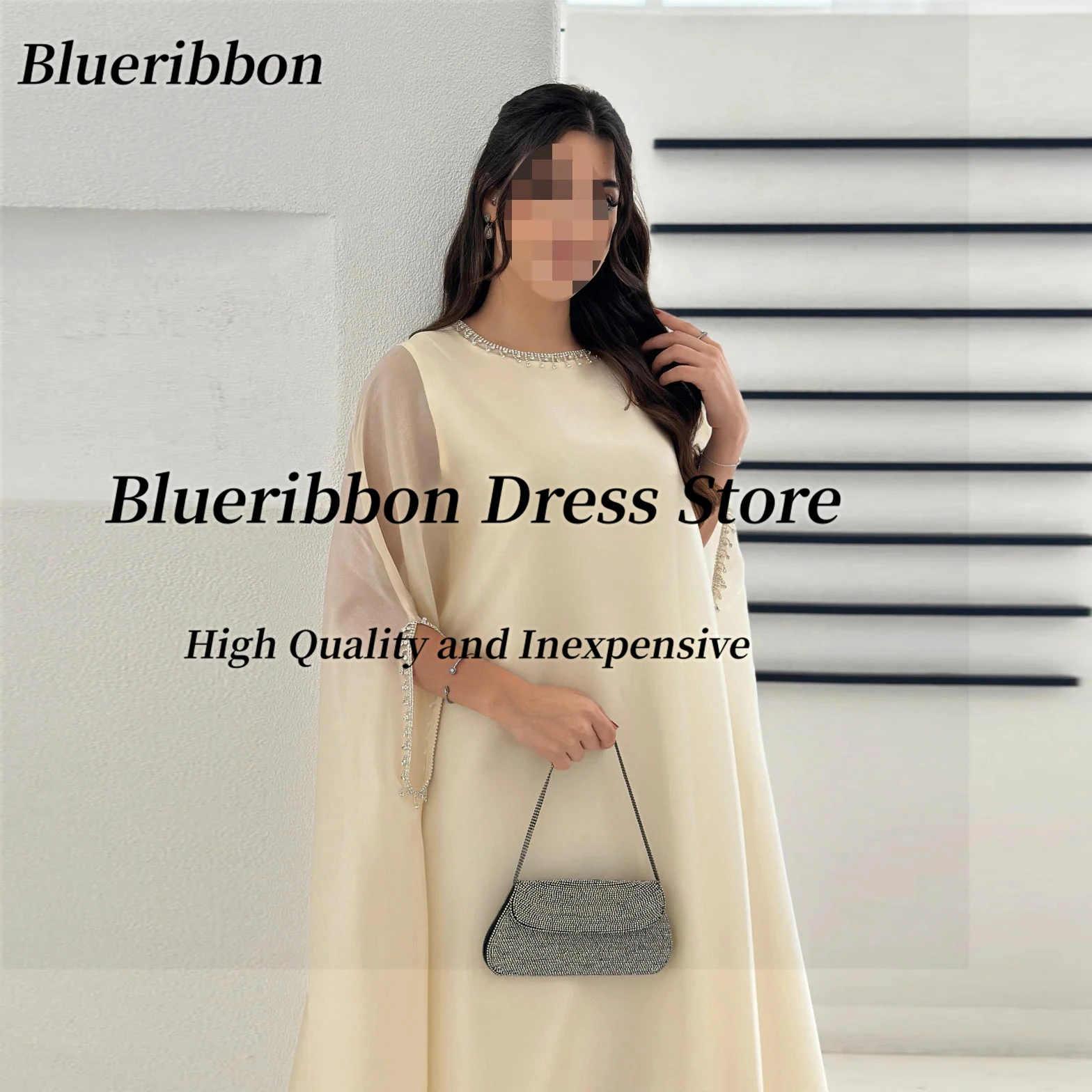 Blueribbon Robes De Soirée طاقم الرقبة فساتين لحضور الحفلات الموسيقية الديكور كم طويل مخصص فساتين السهرة طول الكاحل فستان الحفلات الخاصة