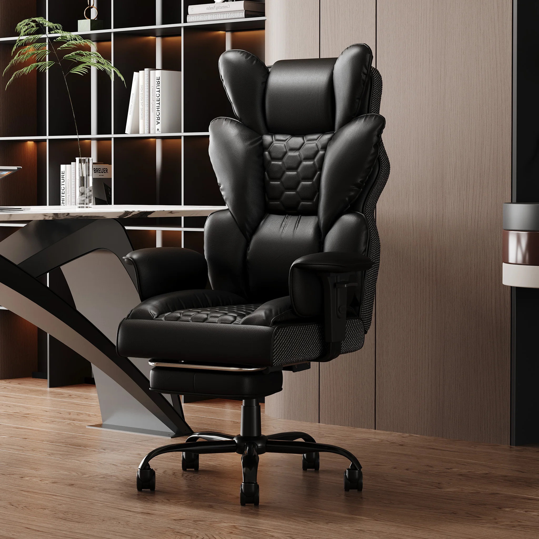 Sedia da ufficio ergonomica, ideale anche per il gaming, con poggiapiedi e braccioli imbottiti, rivestita in pelle sintetica, adatta per l’ufficio o la casa, colore nero/grigio/marrone.