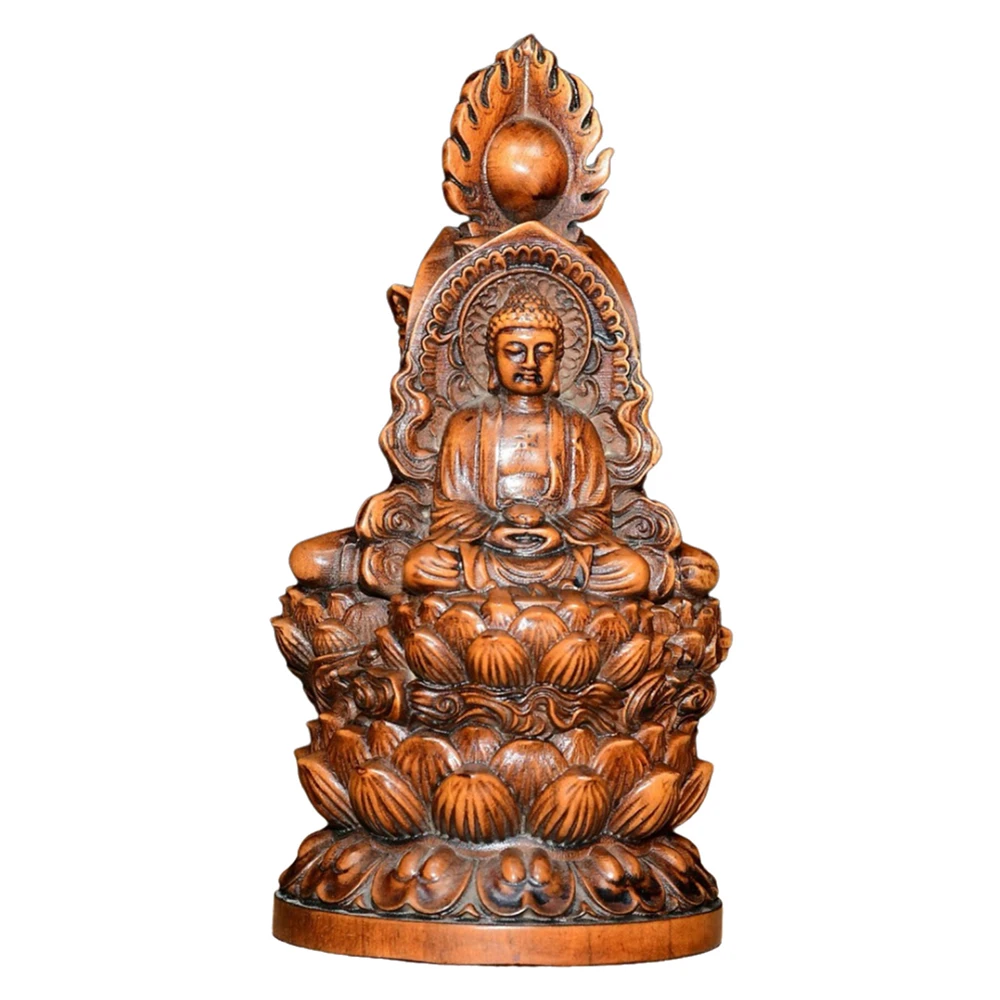Ornement artisanal en bois, Statue de Bouddha Guanyin, Sculpture sculptée en buis, Trinité occidentale, Lotus, Sérénité, Compassion, Sagesse, Salut