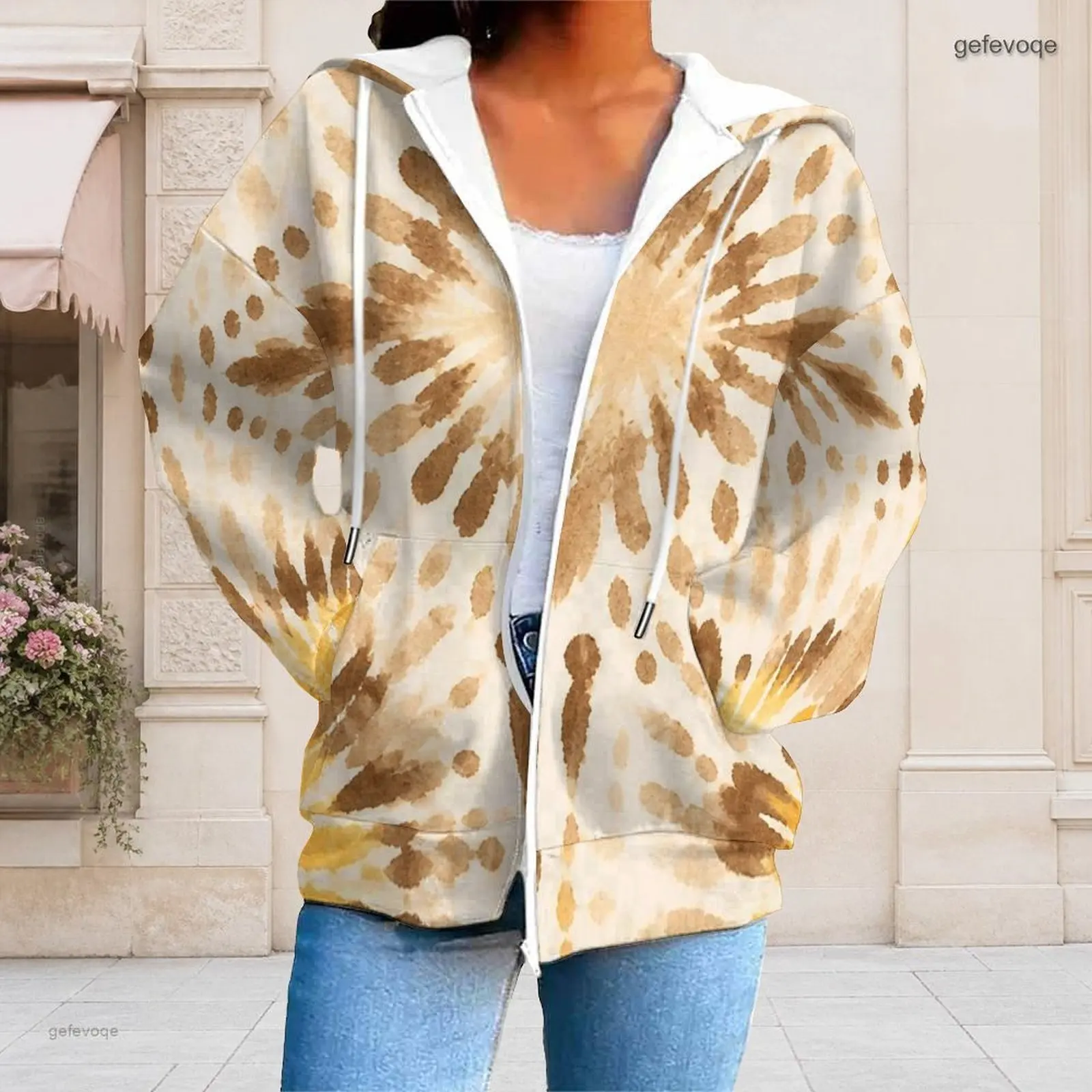 Women Beige Brown Yellow Spiral Tie Dye Print Zip Up Long Sleeve Hoodie With Pockets