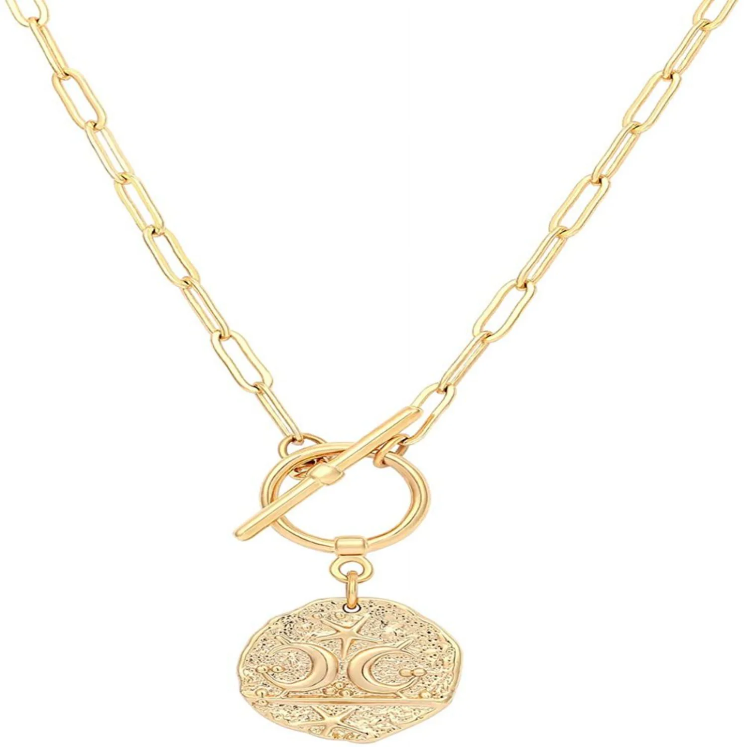 NEWCE  and Star Medallion Pendant Necklace 18k Gold Oval Link Chain Choker Large Celestial Charm Layering Jewelry 20’’