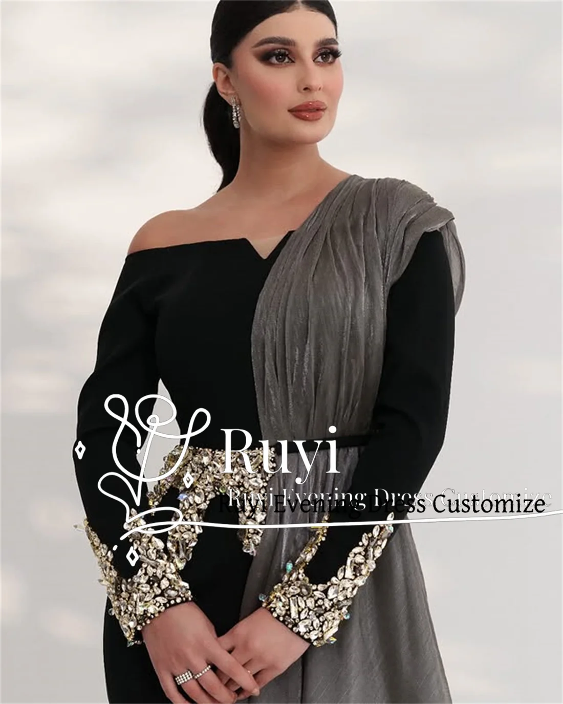 Customized Black Off Shoulder Crystal Evening Dresses Party Dresses Long Sleeve Saudi Arabia Formal Dresses Vestidos De Fiesta