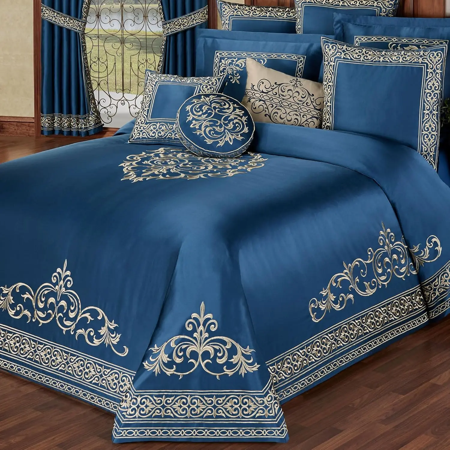 

Buckingham Luxury Bedding | Sapphire Blue | Palace-Inspired Golden Scrollwork Embroidery | 10 Pc Set Includes Queen Bedspread,