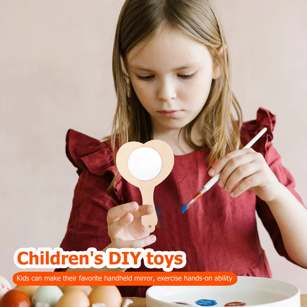 

8Pcs Heart Shape DIY Wooden Unpainted Handheld Mirror Kids Creative Painting Mirror Makeup Supplies Children Handmade Toy