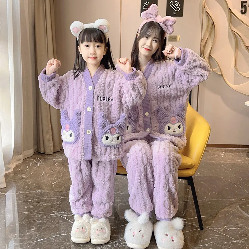 Kuromi فتاة منامة الخريف الشتاء Sanrios جديد رشاقته المرجان الصوف فتاة الطفل صالة الملابس الفانيلا الدفء