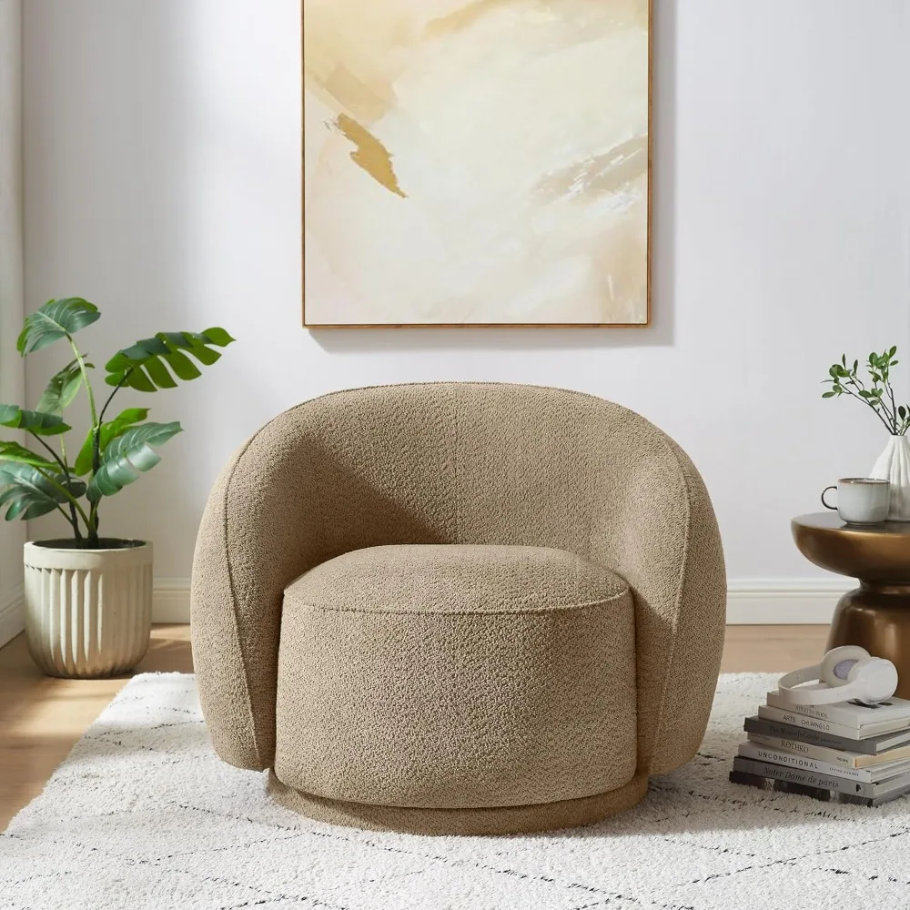 Modern Swivel Accent Chair,Barrel Chair 360° Round Armchair Comfy Single Sofa Chair for Bedroom Living Room Reading,Camel Boucle