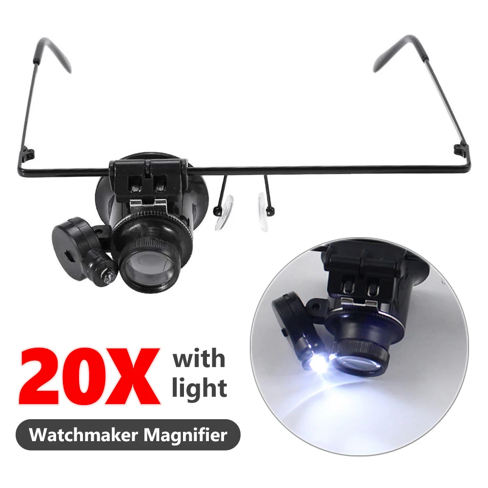 20X Head Watchmaker Magnifier With Light Jeweler Magnifying Glass Loupe Professional Watch Repair Tools Headband Led Magnifier