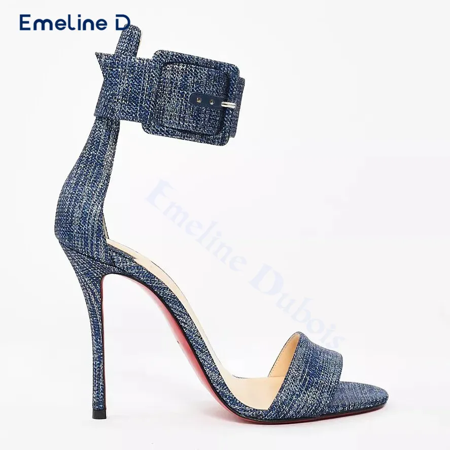 

Blue Denim One-Strap Sandals with Round Toe Stiletto Ankle Belt Buckle High-Heeled Sandals Fashionable Temperament Women's Shoes