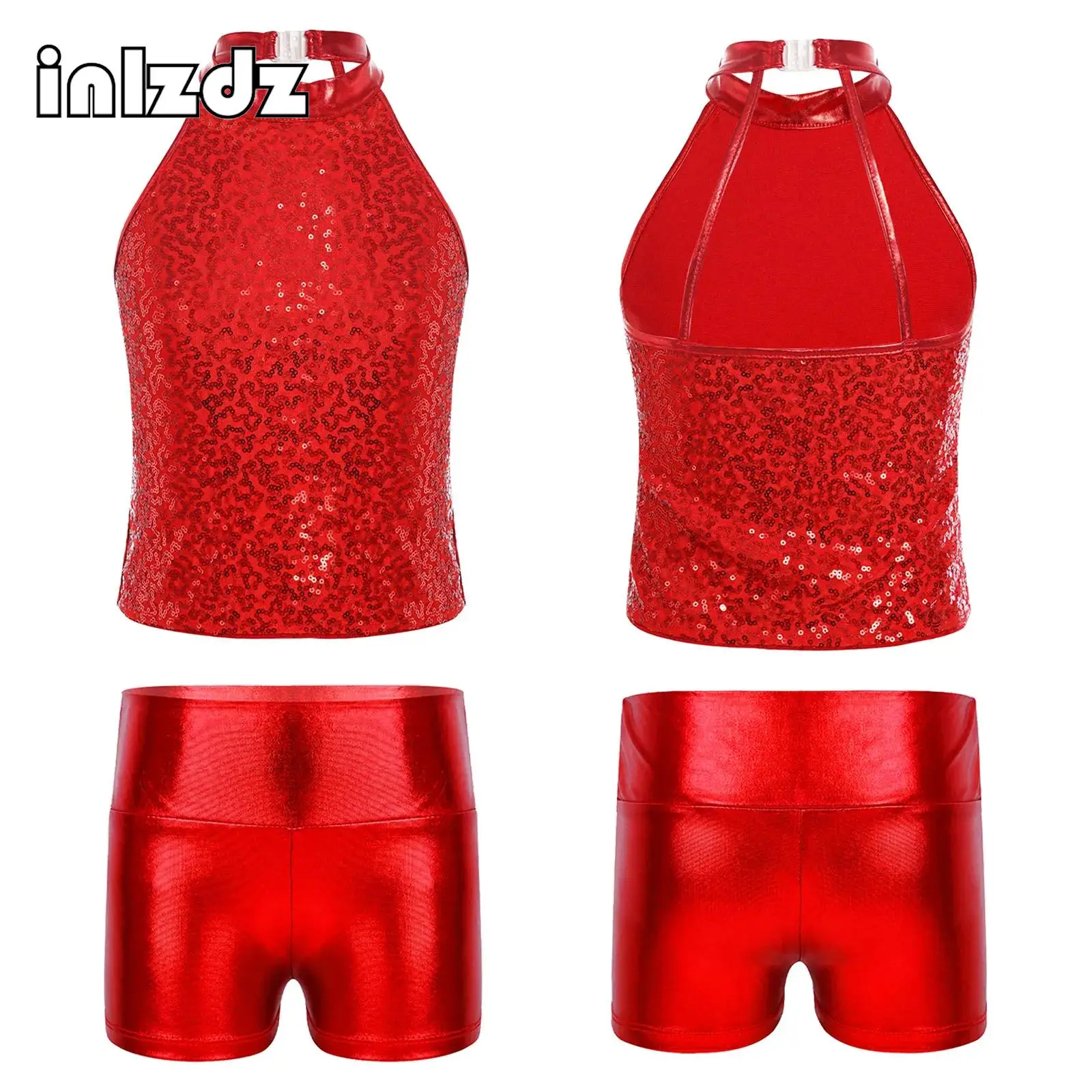 

Kids Girls Jazz Dance Costume Set Backless Shiny Sequin Halter Crop Top with Metallic Shorts For Cheerleading Stage Performance