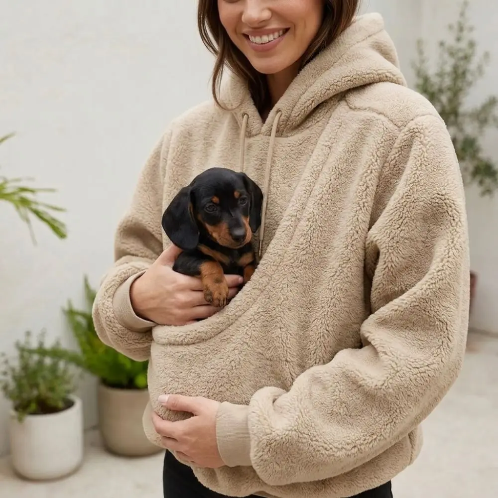 Solid Color Pet Carrier Hoodie for Women Soft Plush Warm Cat Pocket Sweatshirt Animal Pouch With Drawstring Pet Holder Pullover