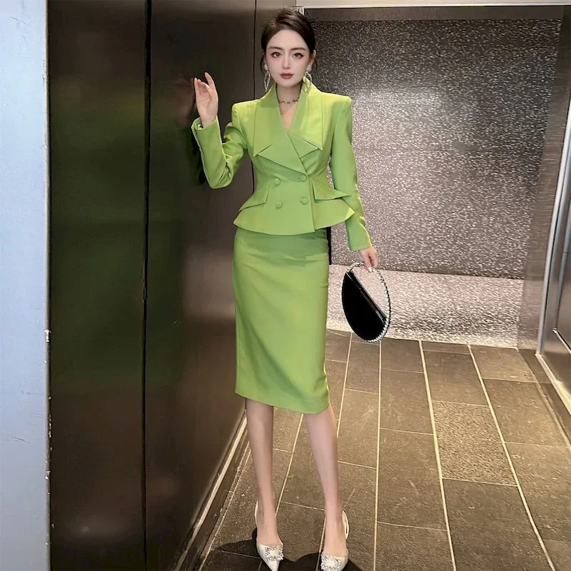 Insozkdg Casual Cutting Fashion Office Suit Double-breasted SLIM Blazer A Line Skirt Women Solid Color Two Piece Set for