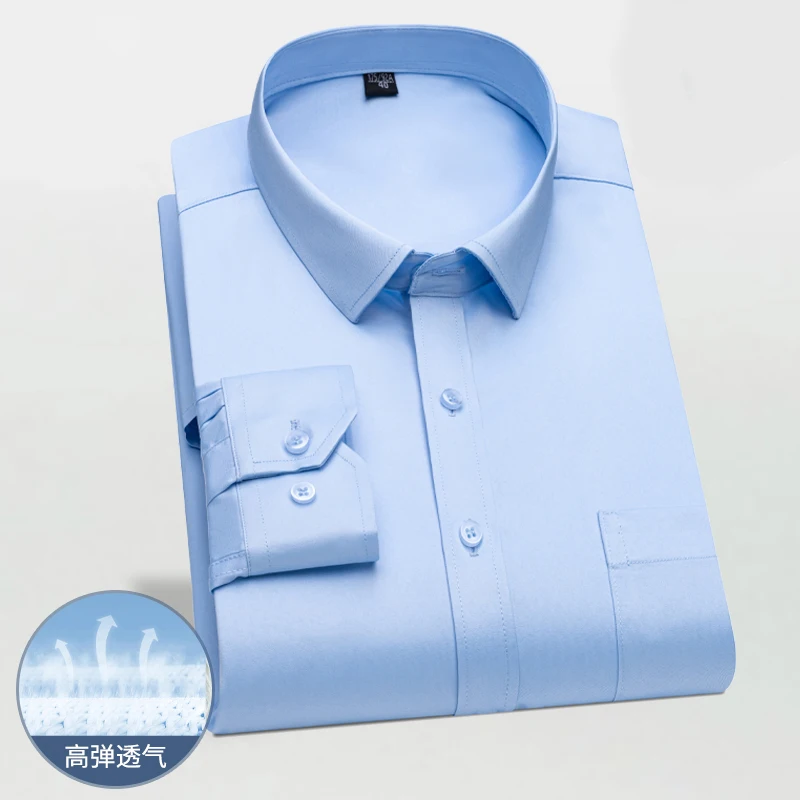 

8XL 7XL Men's Social Shirts Long Sleeve Solid Color Anti-Wrinkle Fashion Business Pocket Classic Office Work Formal White Shirt