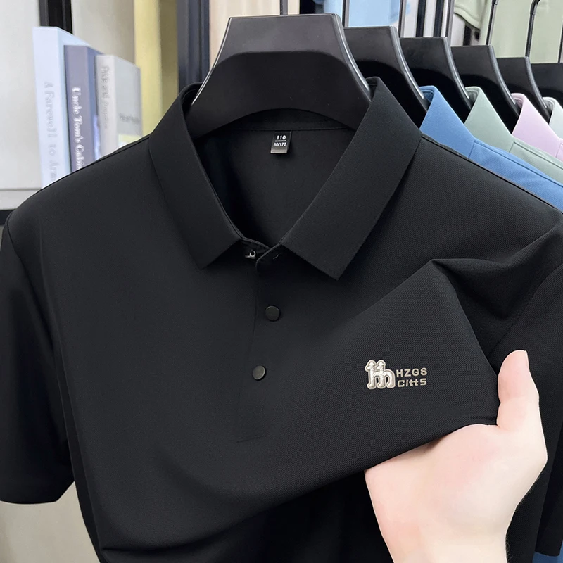 High End Brand Summer 2026 Thin Ice Silk Short Sleeved T-shirt with A Cool Collar Casual Half Sleeved Elastic T-shirt Polo Shirt